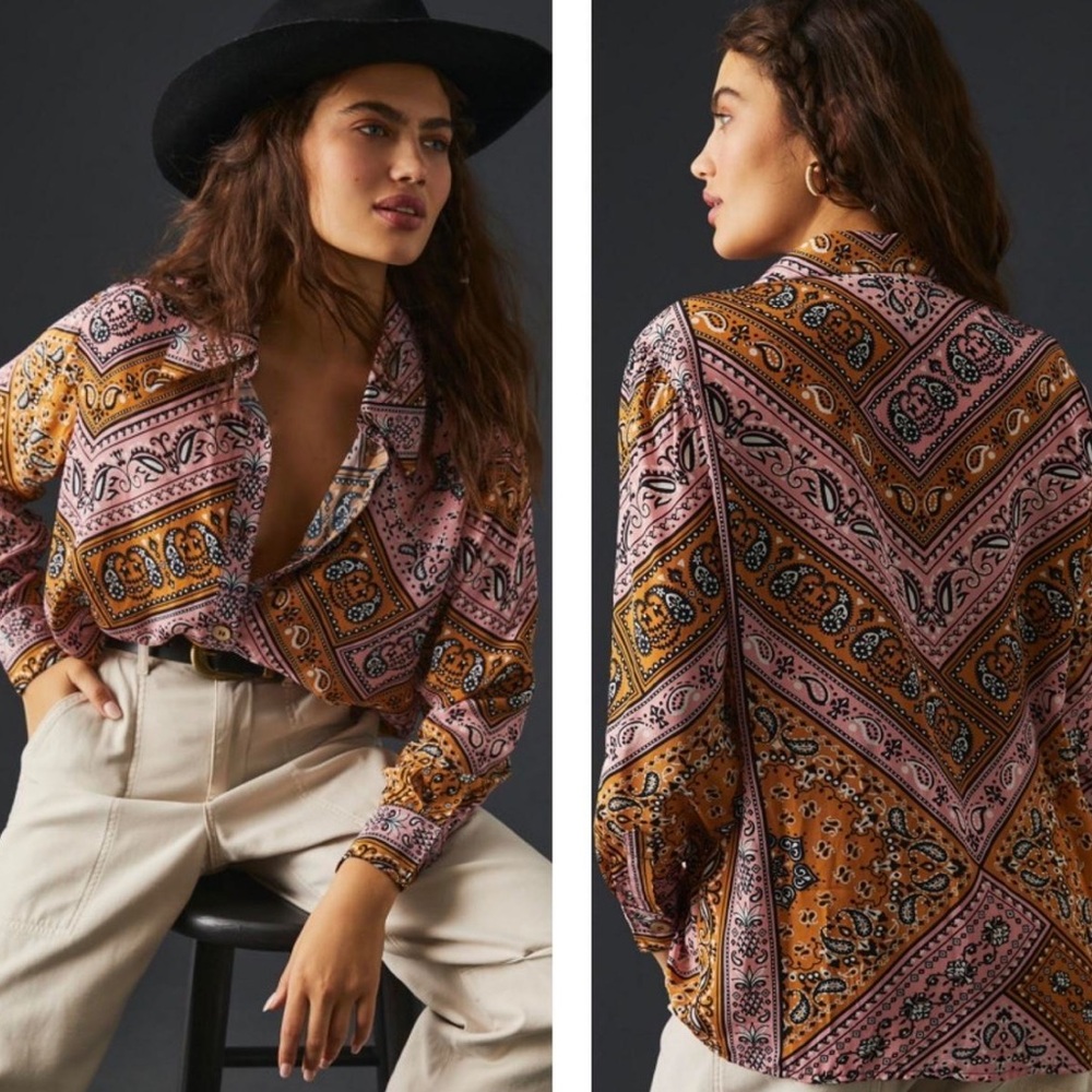 FARM Rio Pink and Gold Paisley Button-Down Shirt - Picture 2 of 12